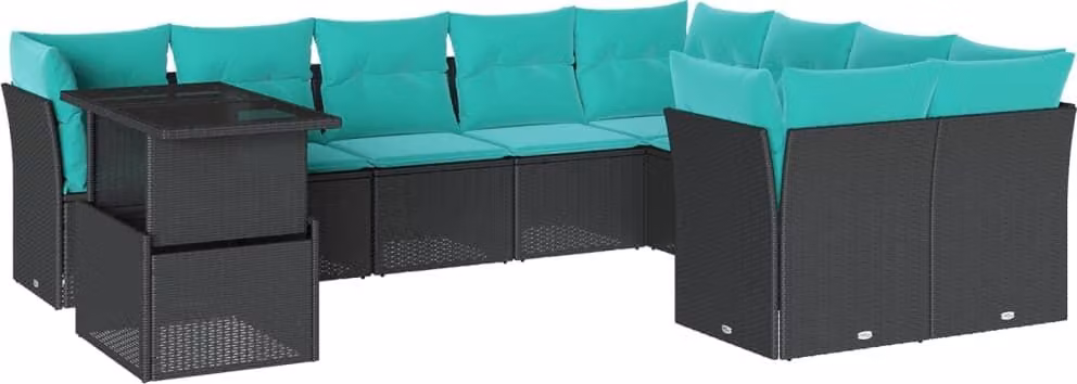 set di divani da giardino da 10 pezzi con cuscini, in polyrattan nero