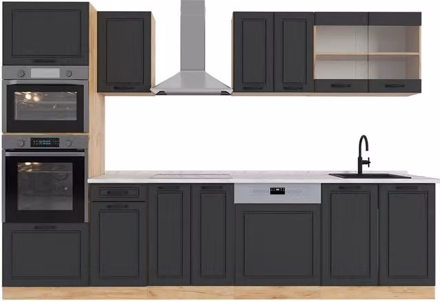 Cucina componibile Vicco R-Line Antracite e Rovere dorato con armadio alto e piano in marmo, L: 300 cm