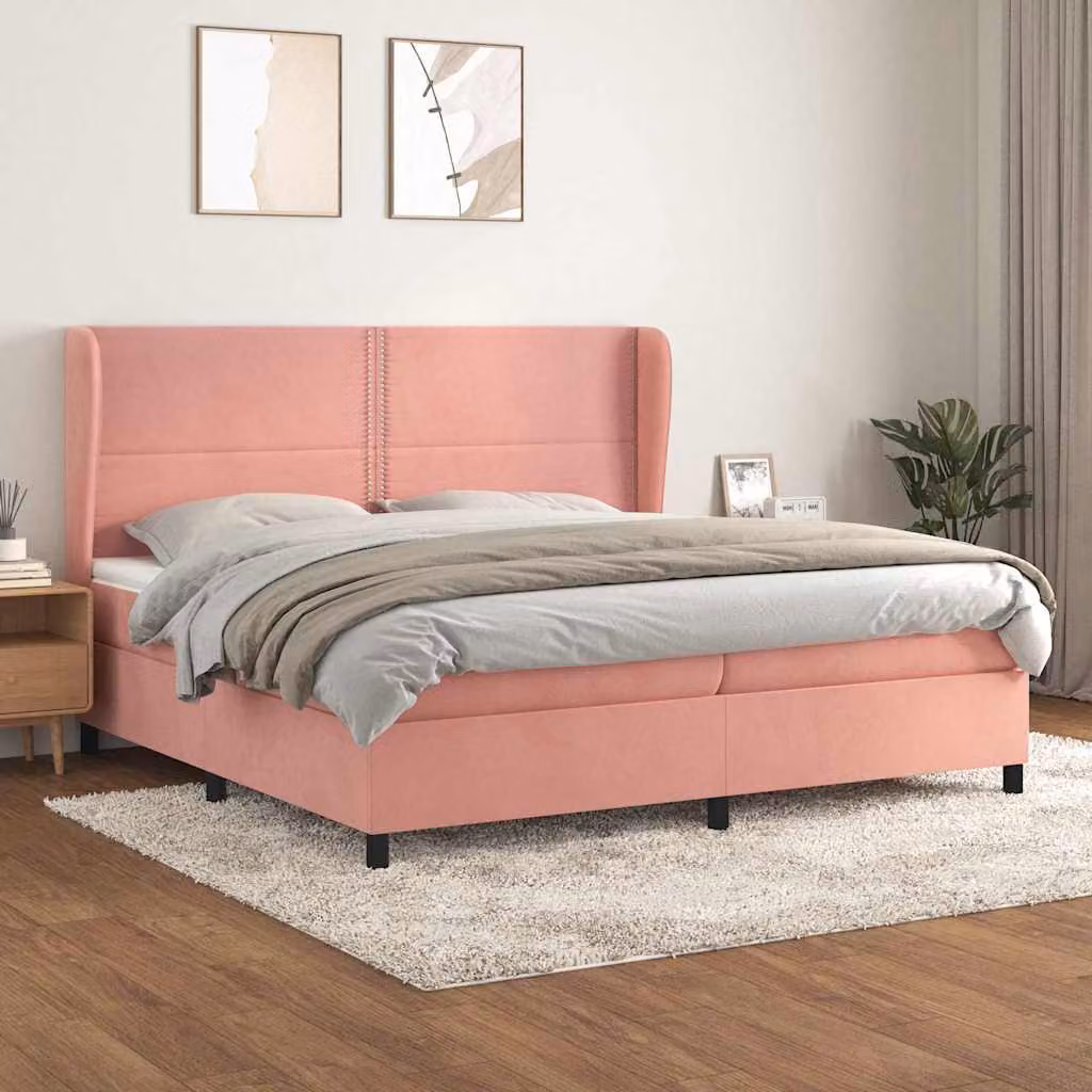 vidaXL Letto con Giroletto a Molle e Materasso in Velluto Rosa e Bianco L/P: 200 x 200 cm