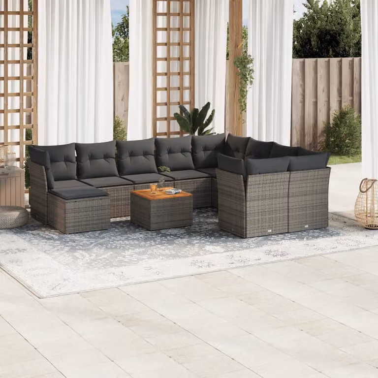 vidaXL Set Divani da Giardino 11 pz a Forma a L con Cuscini in Polyrattan e Legno di Acacia Grigio