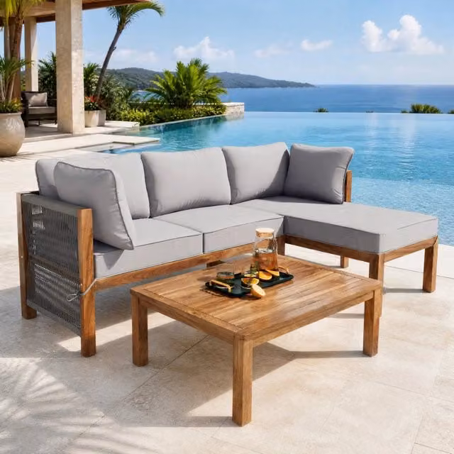 Set lounge da giardino 3 pezzi in legno di acacia grigio; con braccioli in corda e tavolino
