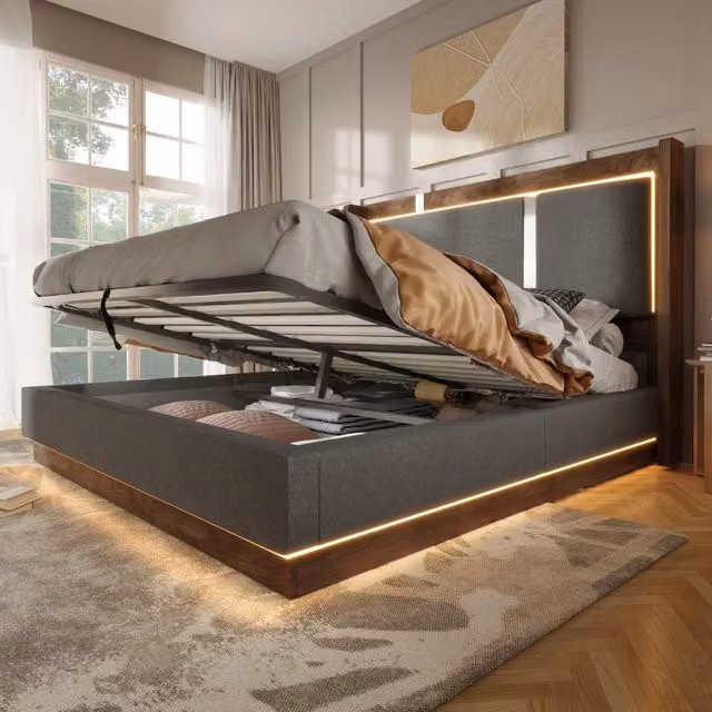 Letto matrimoniale 140x190 cm con LED, contenitore idraulico e rete a doghe