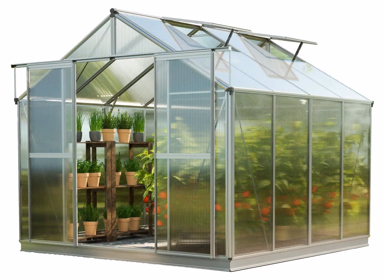 GFP Serra Topas 4 telaio in alluminio 225 x 259 cm, lastre a doppia parete di 6 mm, con apri-finestra automatico e telaio di fondazione
