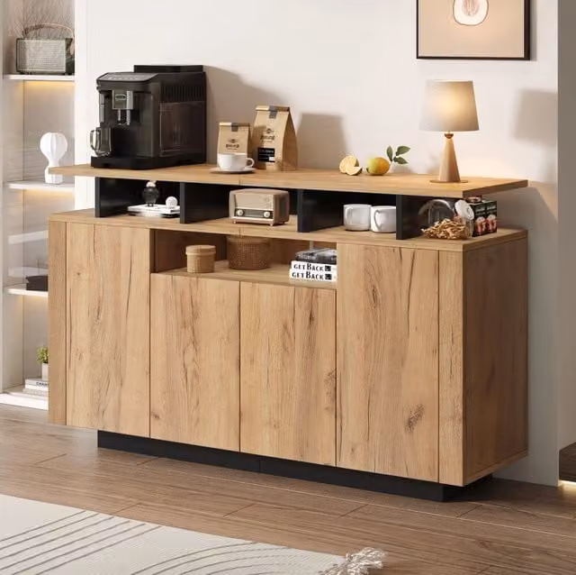 Credenza ULEVR 140x40x85 cm con 4 ante e 3 vani aperti, mobile contenitore in pannello truciolare naturale e nero