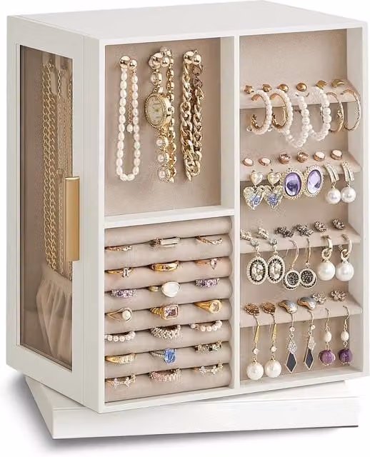 Organizer Gioielli Rotante a 360 con Cassetti e Ganci Avilia Home Bianco in Legno e Velluto L: 28,5 cm, P: 22,2 cm, H: 16 cm