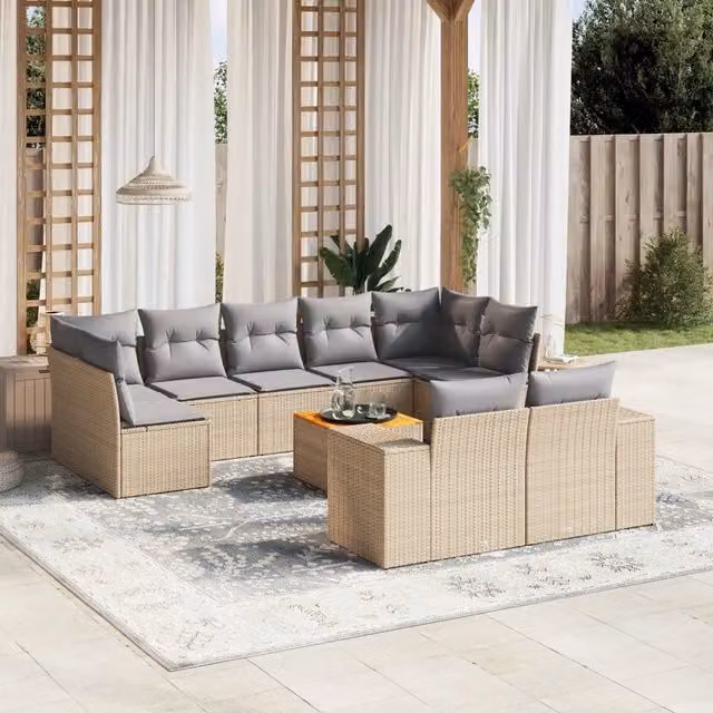 Set Divano da Giardino VIDAXL a forma a U in Polyrattan con Cuscini Beige, 10 Pezzi