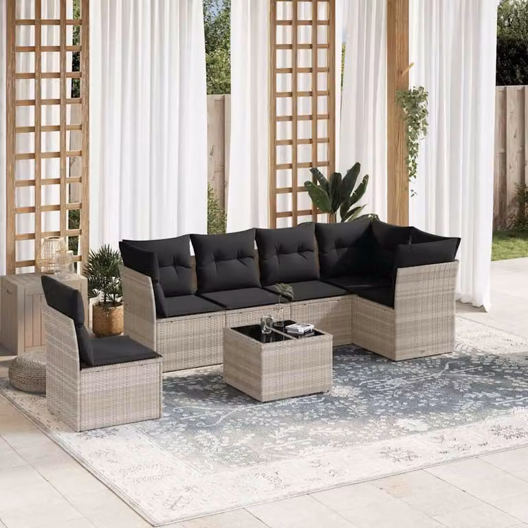 Set Divani da Giardino vidaXL 7 Pezzi a Forma di L con Tavolino e Cuscini Grigio Moderno