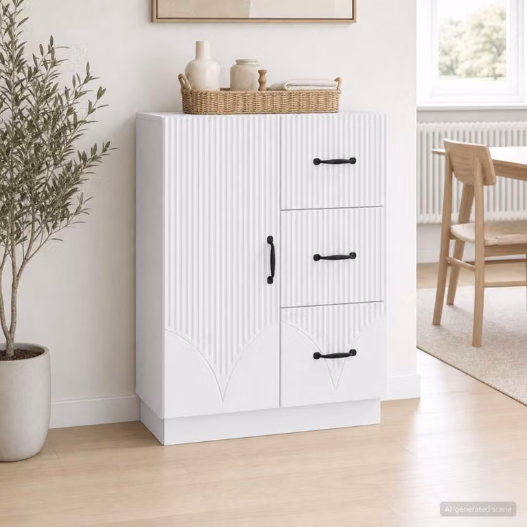 Credenza moderna vidaXL in legno ingegnerizzato e metallo, Bianco, L 66 cm x P 34,5 cm x H 87 cm