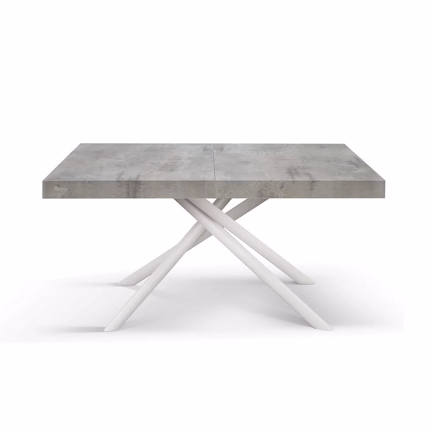 Tavolo CARRARA in legno, finitura grigio cemento e base in metallo verniciato bianco, allungabile 160×90 cm – 240×90 cm