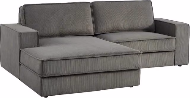 Divano angolare sinistro SWEEEK in velluto a coste grigio con struttura in legno massiccio e cuscini decorativi, 3 posti, L 231 x P 156 x H 83 cm – 1