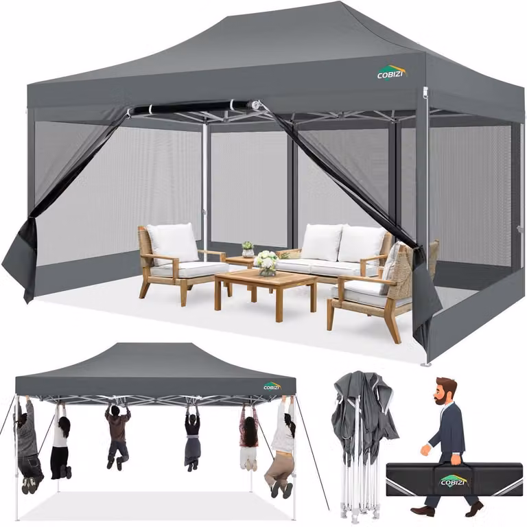 Gazebo da esterno 3x4,5 metri, impermeabile, con protezione UV e 4 pareti laterali in rete, colore grigio