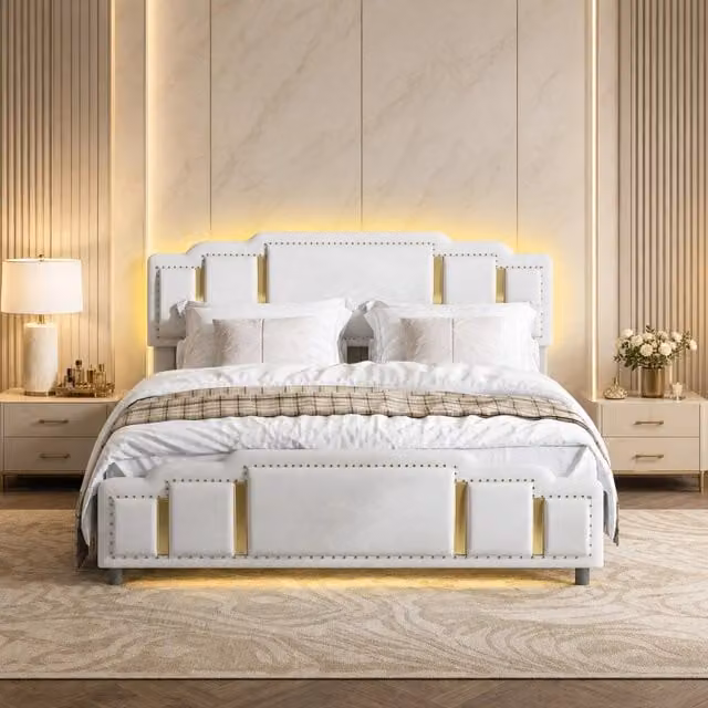Letto matrimoniale imbottito 140 × 200 cm con cassetti LED in velluto beige e dettagli dorati