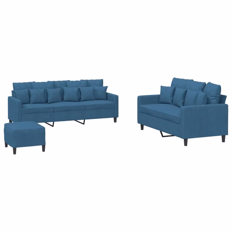 Set di Divani 3 pz con Cuscini Blu in Velluto
