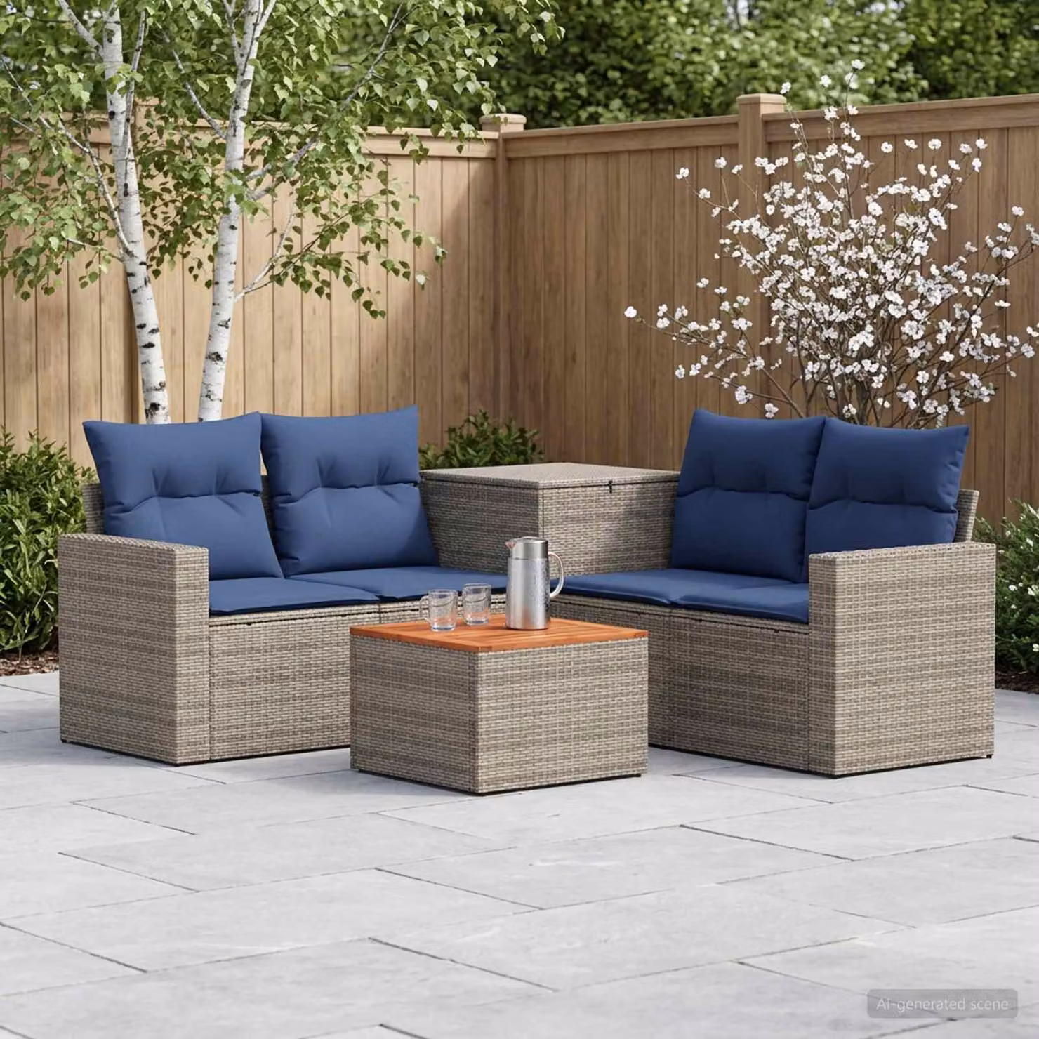 vidaXL Set di divani da giardino 6 pezzi in rattan sintetico e metallo, colore blu e grigio