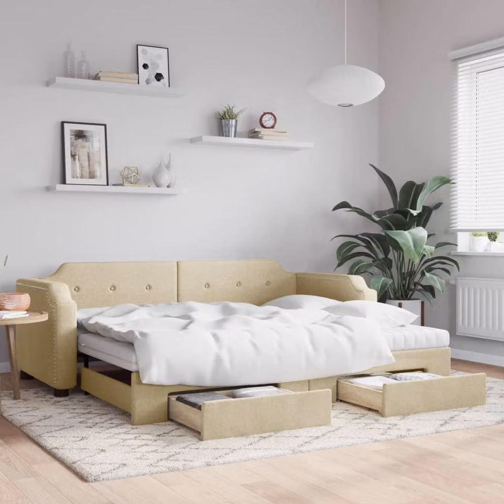 vidaXL Divano Letto Estraibile con Cassetti in Tessuto Beige L: 200 cm, P: 80 cm, H: 66,5 cm