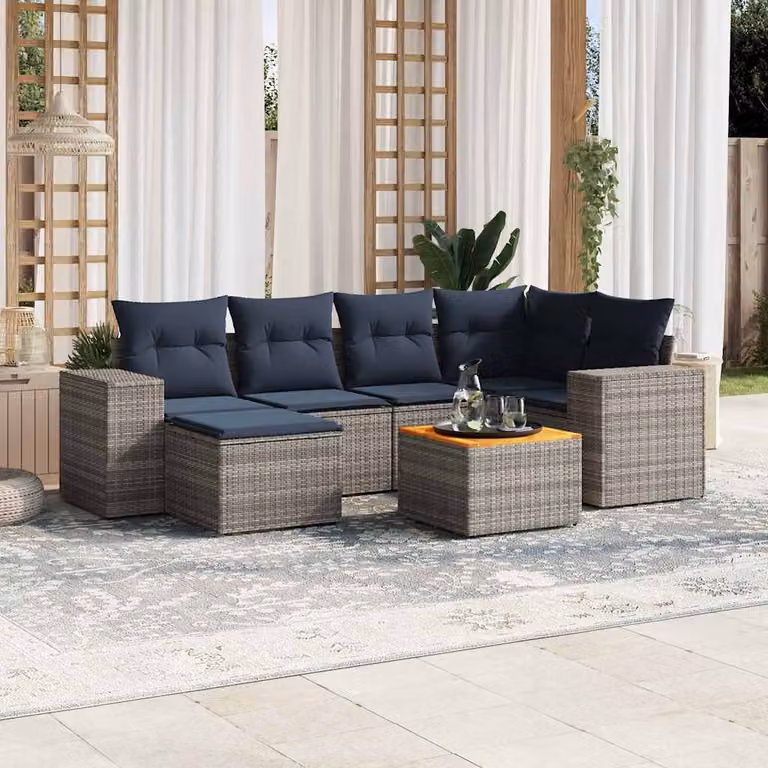 Set di divani da giardino vidaXL in polyrattan grigio con cuscini, tavolino e pouf, design moderno a L per esterno