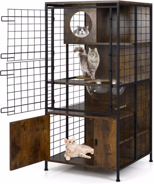 Armadio per gatti Design Mania in legno e metallo con amaca, struttura a più livelli con porta a rete, marrone e nero – 1