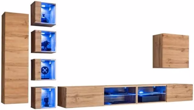 Set di mobili da soggiorno Meublorama SWITCH XXVI in rovere marrone con illuminazione LED integrata e ante in vetro, design moderno – 1