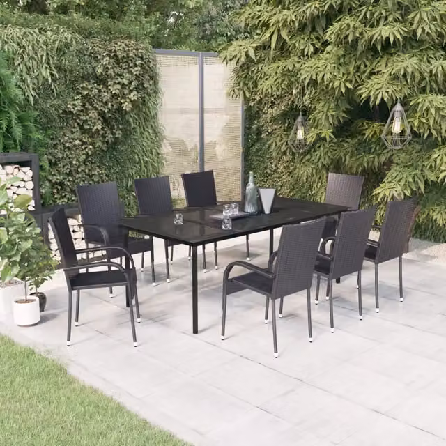 Set da Pranzo per Giardino 9 pz con Cuscini Neri 3099382