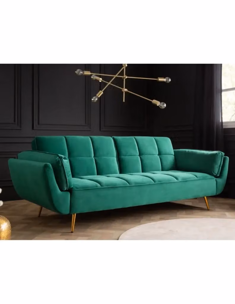 Divano dritto NEVISI Meublorama in velluto verde smeraldo e oro, modello scandinavo trasformabile con funzione letto e cuscini inclusi – 2