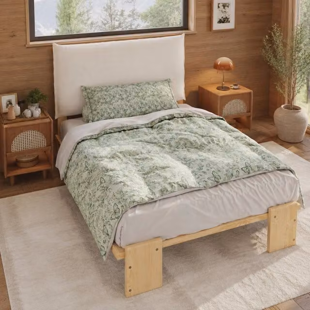 Letto singolo MODFU in legno di pino con schienale imbottito in tessuto, colore marrone, L/P/H: 90 x 200 x 120 cm