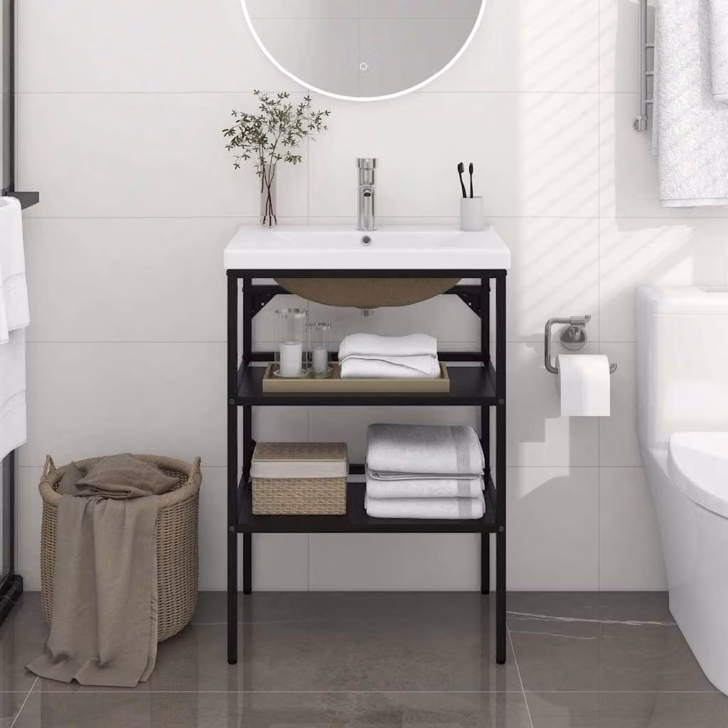 vidaXL Telaio per Lavabo da Bagno con Lavabo Integrato in Metallo e Ceramica Nero e Bianco L/P/H: 83 x 59 x 38 cm – 1
