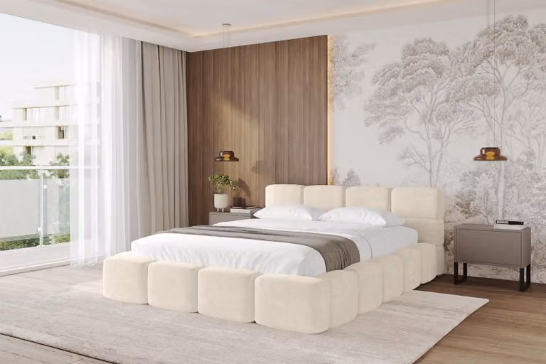 Letto imbottito ALTDECOR con contenitore - NATA-v1 - 200x200 beige - Letto Monolith 4 con materasso H3/H4, testiera, letto a cassettone, letto matrimoniale con contenitore