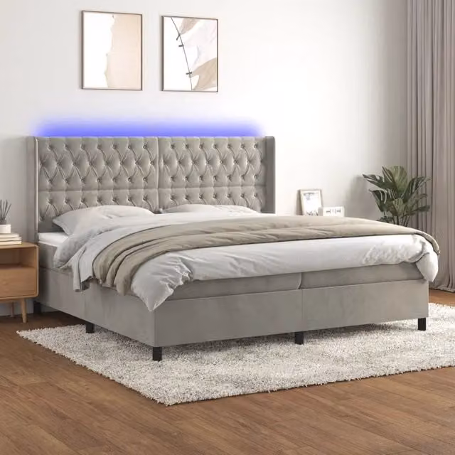 Letto matrimoniale moderno vidaXL in velluto grigio con illuminazione LED sottostante e porte USB, struttura in legno e materasso ibride, L/P/H: 200 x 200 x 203 cm – 1
