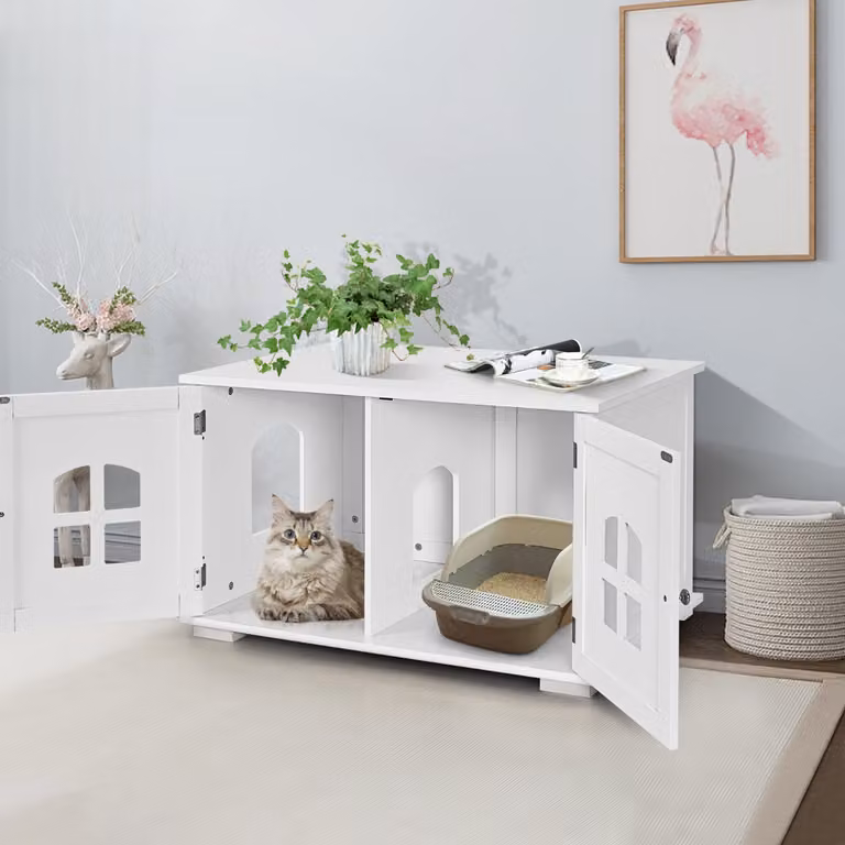 Casetta ventilata per gatti Costway con doppie porte e finestre, lettiera con ingresso laterale in MDF bianco