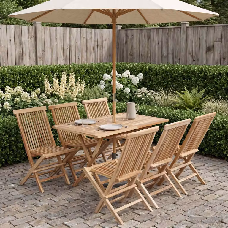 Set di mobili da giardino vidaXL in 7 pezzi in legno di teak solido marrone con tavolo rettangolare e sedie per esterno