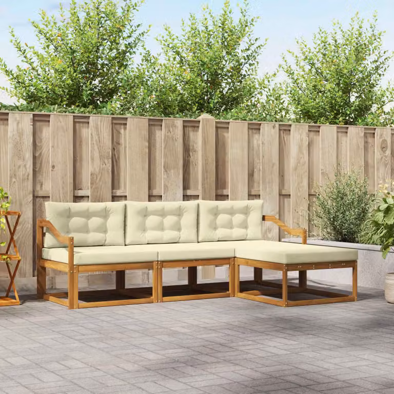 Set di divani da esterno vidaXL 4 pezzi in legno di acacia con cuscini, composizione a L con divano a 3 posti, elemento angolare e pouf, colore marrone e beige
