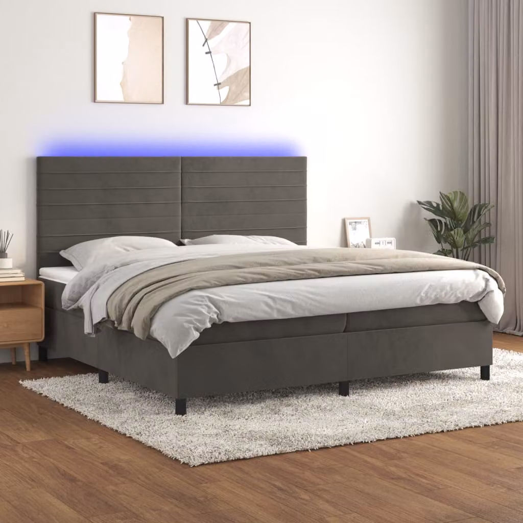 Letto Ibrido vidaXL in Velluto Grigio con Illuminazione LED e Porte USB L/P/H: 200 x 200 x 128 cm – 1