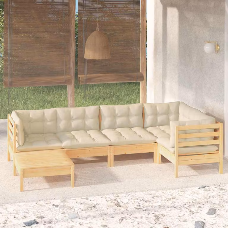 Set di divani da giardino vidaXL in legno di pino massello con cuscini beige, composizione a L con elemento angolare e pouf, stile moderno