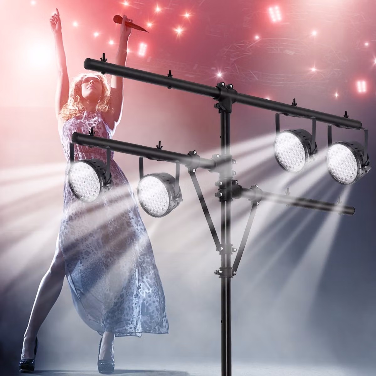 Supporto luci mobile Costway nero con bracci regolabili e base pesante in metallo per DJ e audio LED