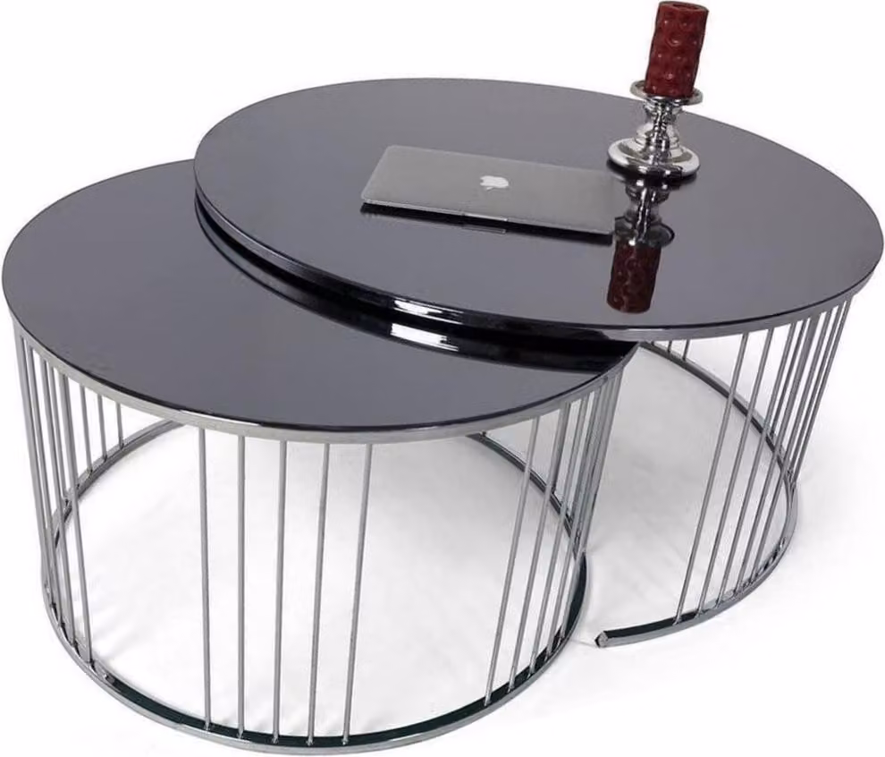 Casa Padrino set di tavolini argento / nero - 2 tavolini da salotto rotondi con piano in vetro - Mobili Soggiorno - Collezione Lusso