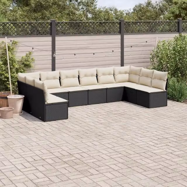 Set Divani da Giardino 10pz con Cuscini in Polyrattan Nero 3249925