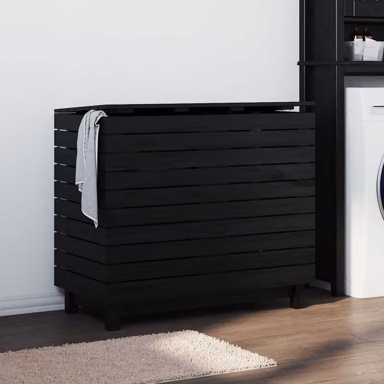 vidaXL Cesto per Bucato in Legno con Coperchio, Nero, L: 88,5 cm, P: 44 cm, H: 76 cm