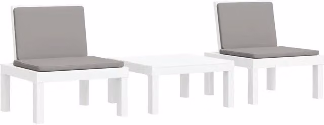 Set Salotto da Giardino Moderno 3 Pezzi in Plastica con Cuscini Bianchi e Grigi per Terrazza e Giardino