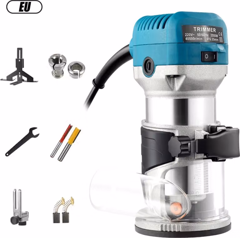 Fresatrice elettrica per legno, 2000W, 220V, 40000 giri/min, 6 velocità, mandrino da 6,35 e 8 mm, utensile manuale per legno, colore blu