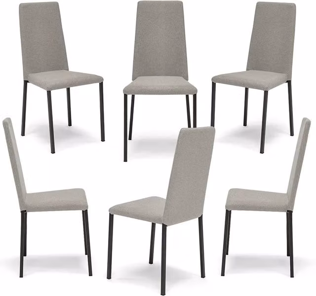 Set 6 sedie imbottita modello BETTY STYLE per interni, design moderno, gambe quadre in metallo, schienale e seduta rivestiti con tessuto morbido al tatto Pietra