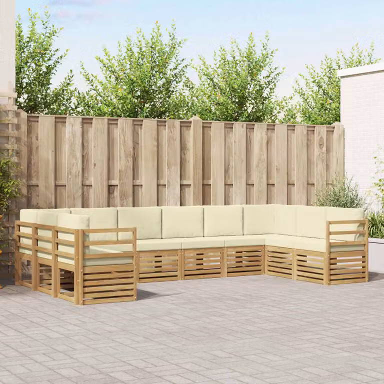 vidaXL Set di divani da esterno a forma di U composto da 10 pezzi in legno di acacia e poliestere bianco e beige