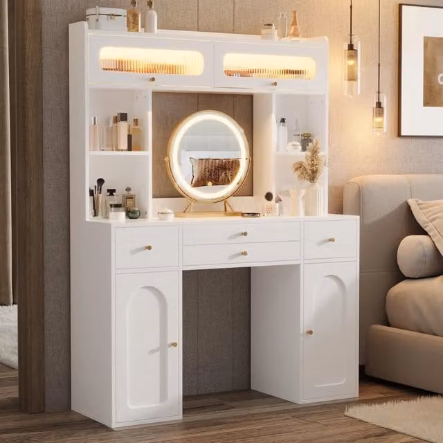 Toeletta con specchio rotondo HD LED tre modalità 4 cassetti e 2 ante in vetro bianca 120 × 40 × 160 cm