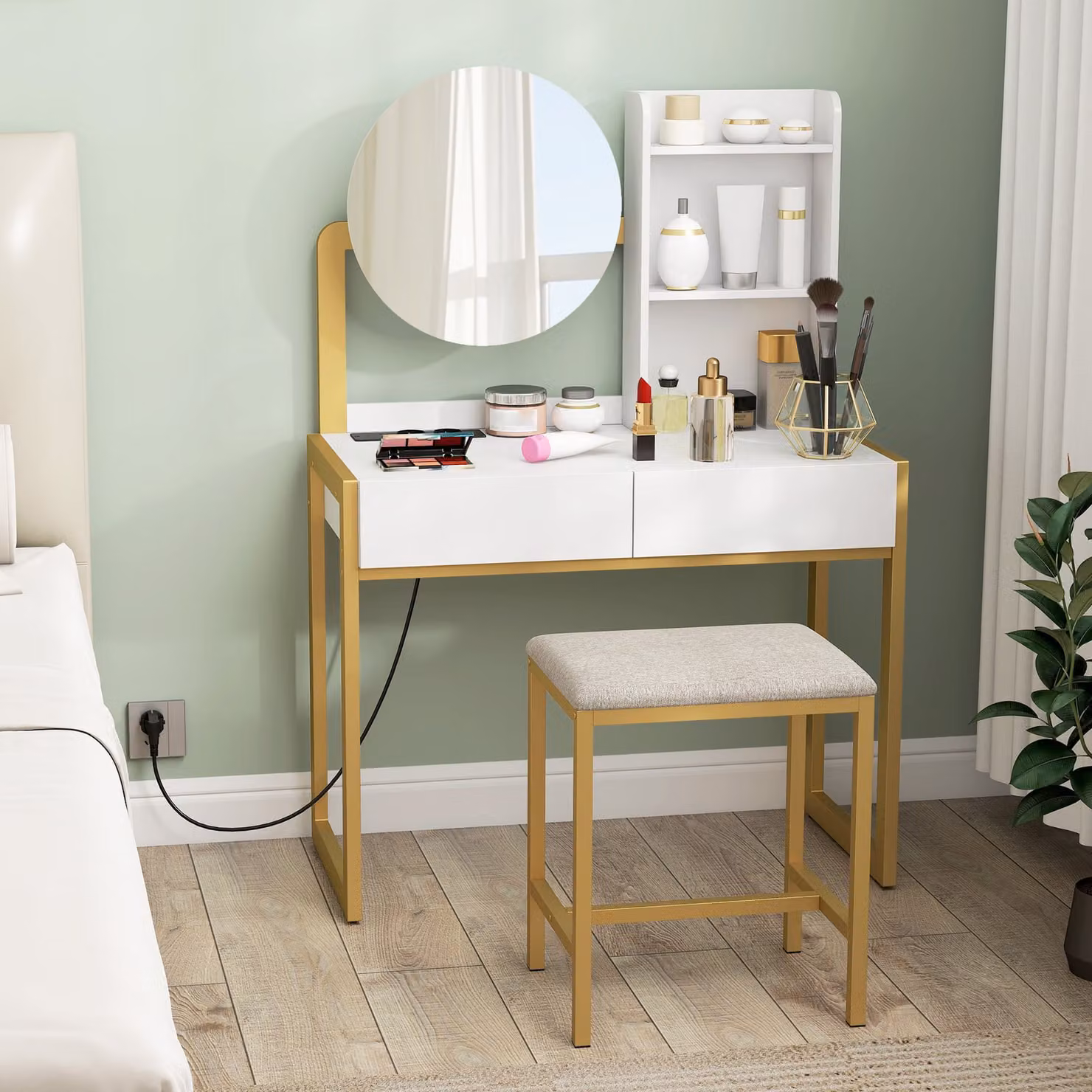 Tavolo trucco HOMCOM bianco con specchio, sgabello e stazione di ricarica, dotato di 2 cassetti e 3 ripiani aperti – 2