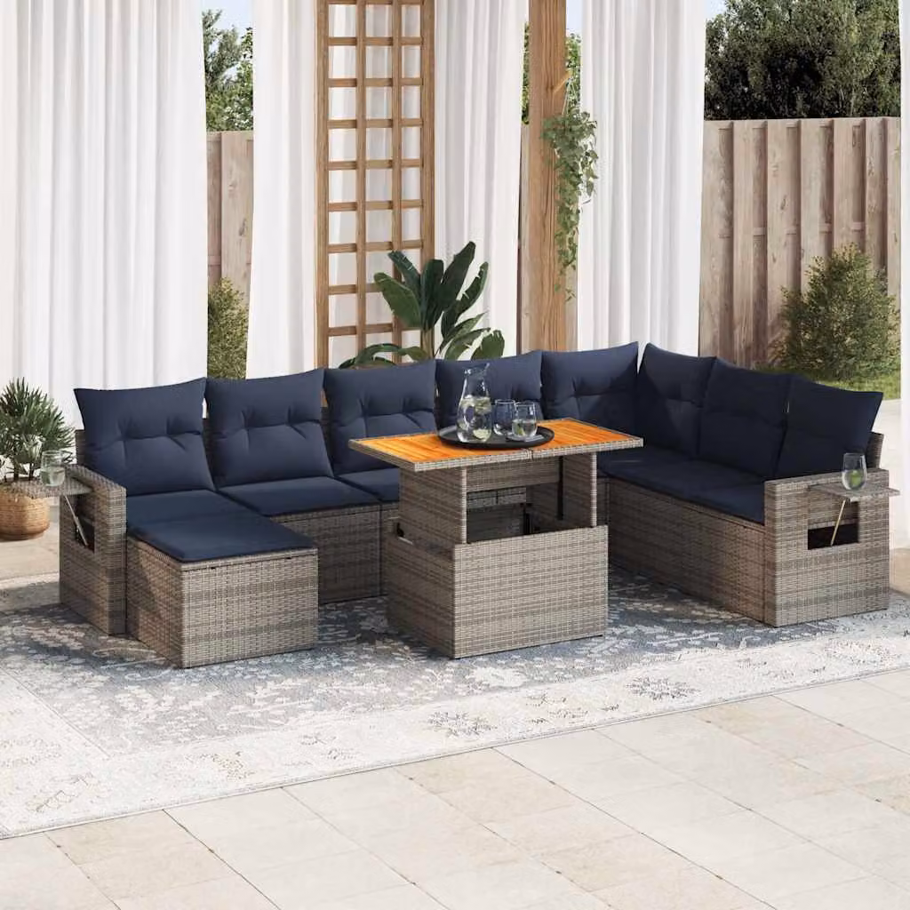 vidaXL Set Divano da Giardino 9 pz a forma di U in Polyrattan con Cuscini Blu e Grigio e Tavolino da Esterno
