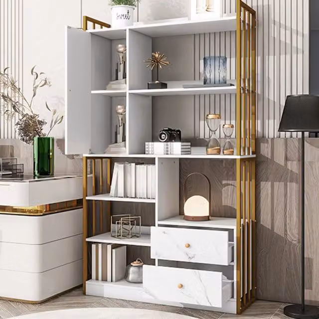 Libreria industriale in acciaio, 6 ripiani verticali con ante e cassetti, finitura marmo bianco con cornice oro