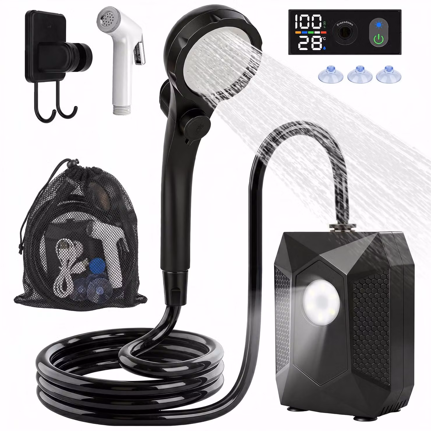 MIAJARD Doccia portatile da campeggio con batteria da 6000mAh e luce da campeggio, doccia da campeggio con pompa dell'acqua, 5 livelli di pressione, doccia esterna per giardino, campeggio, animali domestici