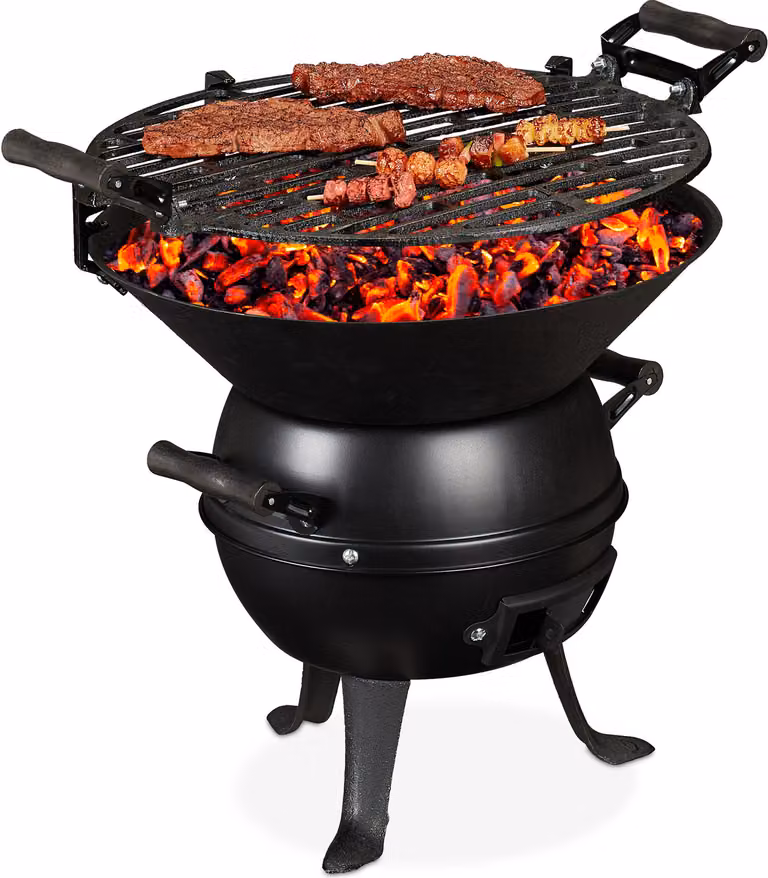 Relaxdays Barbecue a botte, ghisa e acciaio, regolabile in altezza, portatile, barbecue a carbonella, griglia Ø 35 cm, nero