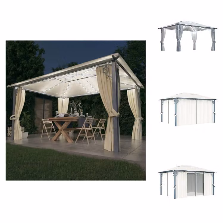 vidaXL Padiglione con tende e luci LED 400x300 cm in alluminio color crema - Padiglioni e tendoni per feste