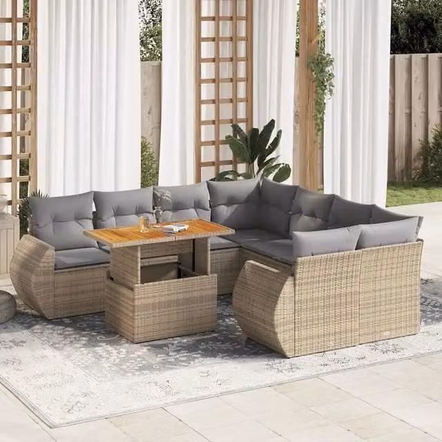 Set Divano da Giardino a L vidaXL in Polyrattan con Cuscini Beige e Grigio e Tavolino da Esterno