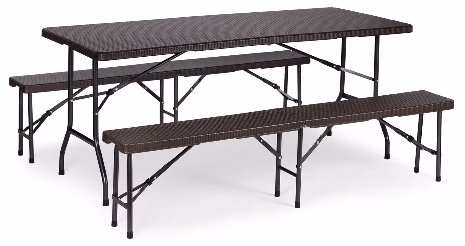 Set da catering con tavolo da banchetto da 180 cm e 2 panche in rattan marrone MultiGarden
